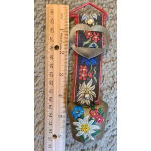 VINTAGE souvenir floral  brass COW BELL hand painted embroidered strap